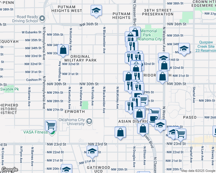 map of restaurants, bars, coffee shops, grocery stores, and more near 1512 Northwest 30th Street in Oklahoma City