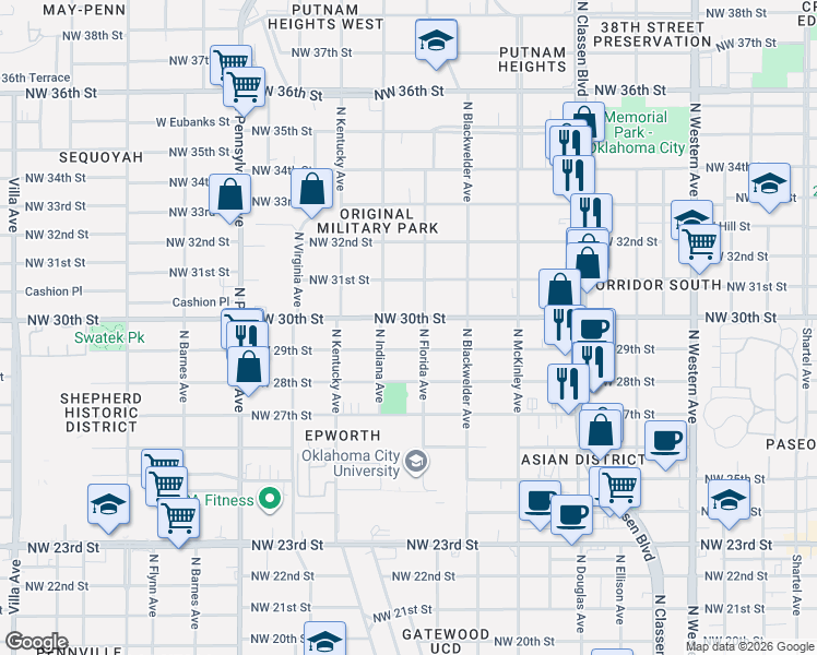 map of restaurants, bars, coffee shops, grocery stores, and more near 1632 Northwest 30th Street in Oklahoma City