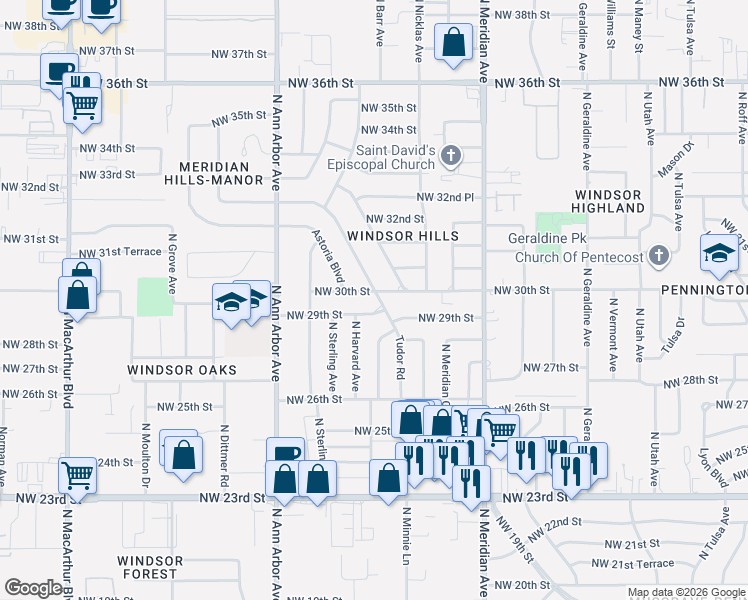 map of restaurants, bars, coffee shops, grocery stores, and more near 4708 Northwest 30th Street in Oklahoma City