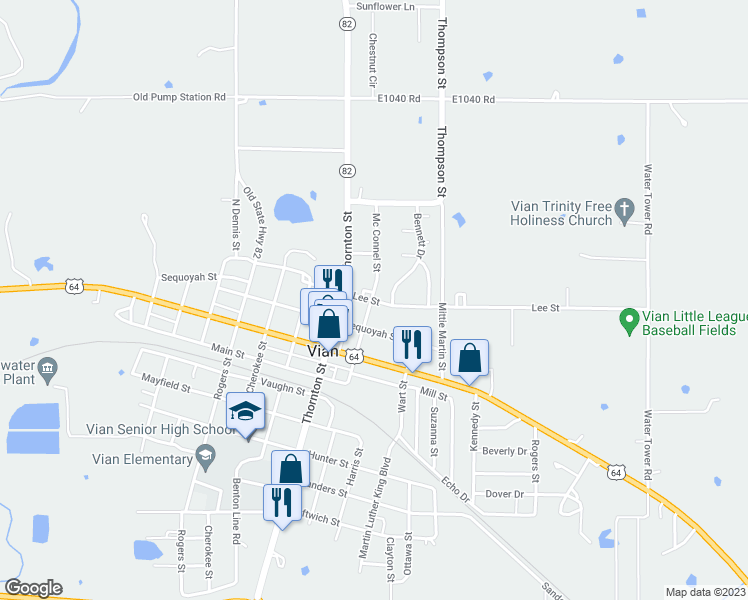 map of restaurants, bars, coffee shops, grocery stores, and more near 208 Lee Street in Vian