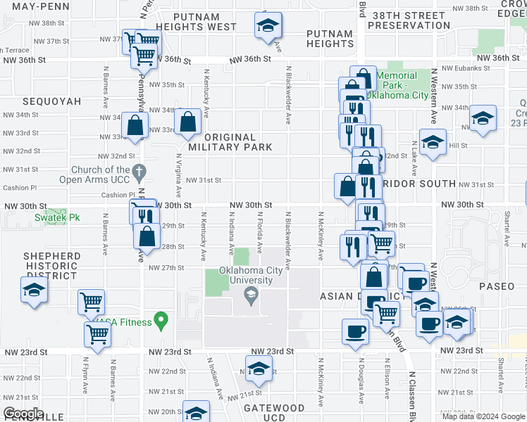 map of restaurants, bars, coffee shops, grocery stores, and more near 1632 Northwest 30th Street in Oklahoma City