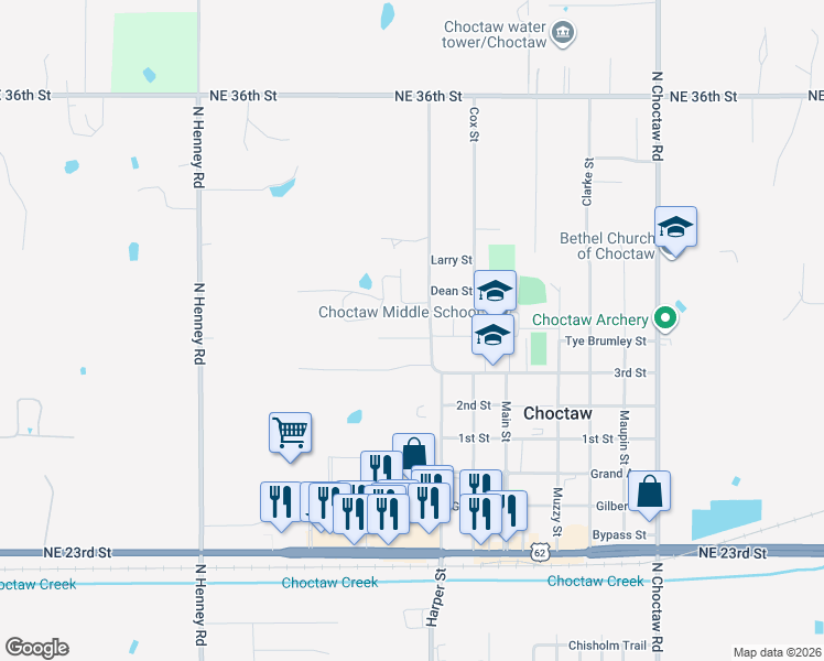 map of restaurants, bars, coffee shops, grocery stores, and more near 14438 Norton Lane in Choctaw