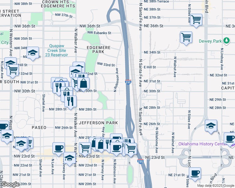 map of restaurants, bars, coffee shops, grocery stores, and more near 124 Northwest 30th Street in Oklahoma City