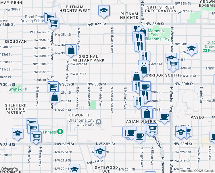 map of restaurants, bars, coffee shops, grocery stores, and more near 1600 Northwest 30th Street in Oklahoma City