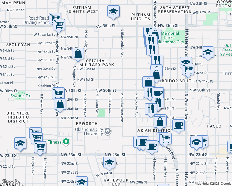 map of restaurants, bars, coffee shops, grocery stores, and more near 1600 Northwest 30th Street in Oklahoma City