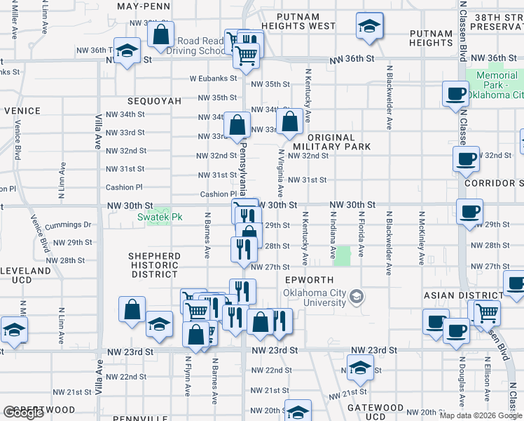 map of restaurants, bars, coffee shops, grocery stores, and more near 2016 Northwest 30th Street in Oklahoma City