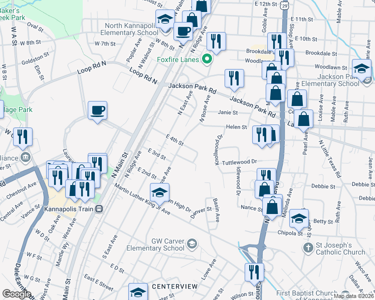 map of restaurants, bars, coffee shops, grocery stores, and more near 402 East 4th Street in Kannapolis