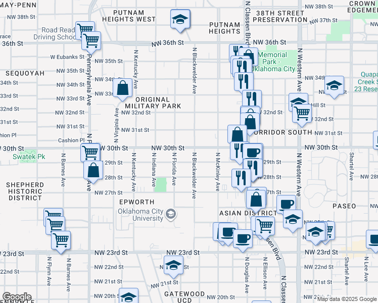 map of restaurants, bars, coffee shops, grocery stores, and more near 1600 Northwest 30th Street in Oklahoma City