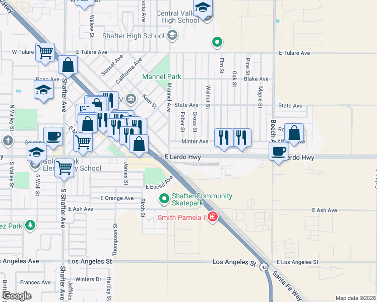 map of restaurants, bars, coffee shops, grocery stores, and more near 588 East Lerdo Highway in Shafter