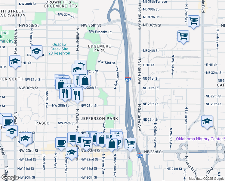 map of restaurants, bars, coffee shops, grocery stores, and more near 212 Northwest 30th Street in Oklahoma City