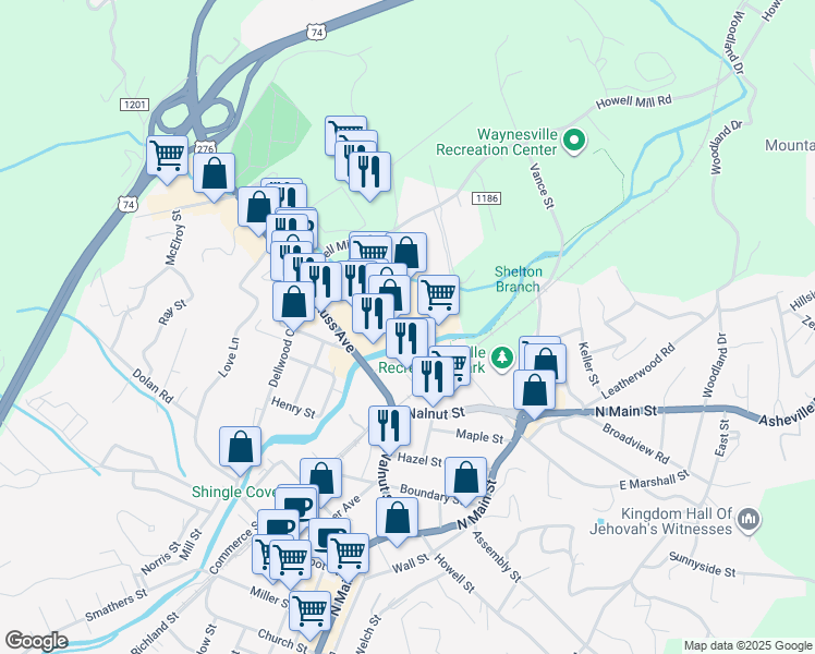map of restaurants, bars, coffee shops, grocery stores, and more near 176 Waynesville Plaza in Waynesville