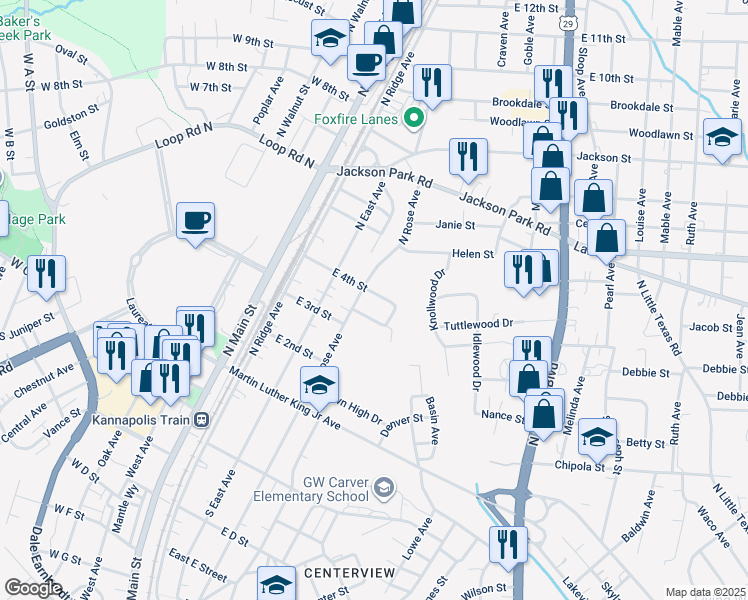 map of restaurants, bars, coffee shops, grocery stores, and more near 404 East 4th Street in Kannapolis