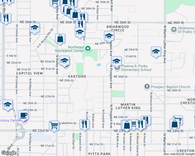 map of restaurants, bars, coffee shops, grocery stores, and more near 1330 Northeast 30th Street in Oklahoma City
