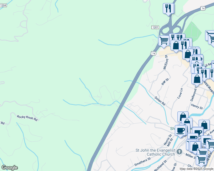 map of restaurants, bars, coffee shops, grocery stores, and more near 142 Lansing Road in Waynesville