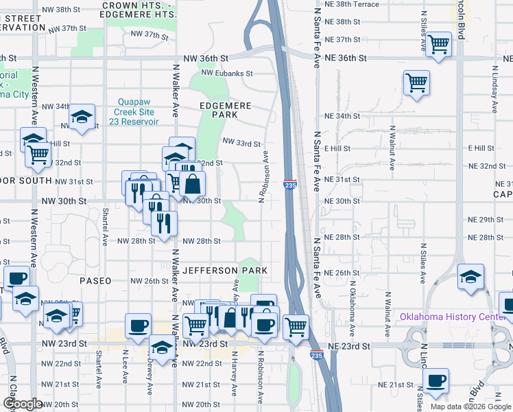 map of restaurants, bars, coffee shops, grocery stores, and more near 3019 1/2 North Robinson Avenue in Oklahoma City