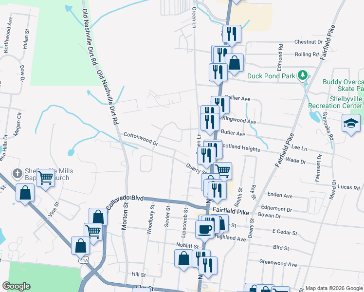 map of restaurants, bars, coffee shops, grocery stores, and more near 200 Bridlewood Drive in Shelbyville