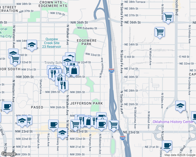 map of restaurants, bars, coffee shops, grocery stores, and more near 212 Northwest 30th Street in Oklahoma City