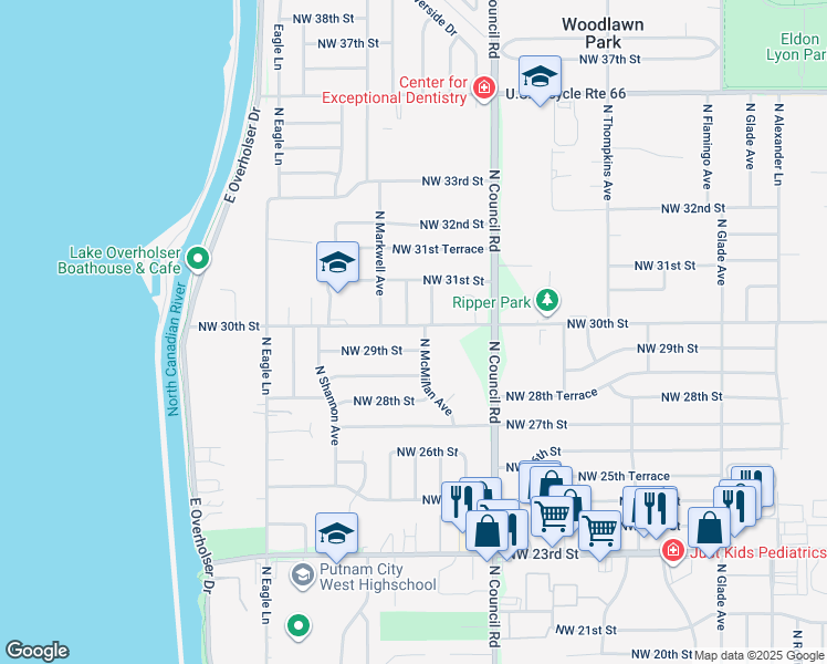 map of restaurants, bars, coffee shops, grocery stores, and more near 8104 Northwest 30th Street in Bethany