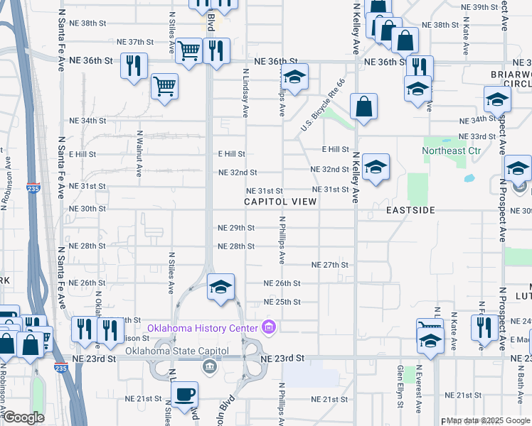 map of restaurants, bars, coffee shops, grocery stores, and more near 724 Northeast 30th Street in Oklahoma City