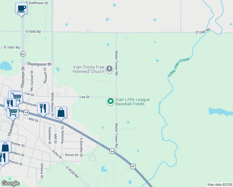 map of restaurants, bars, coffee shops, grocery stores, and more near Water Tower Road in Vian