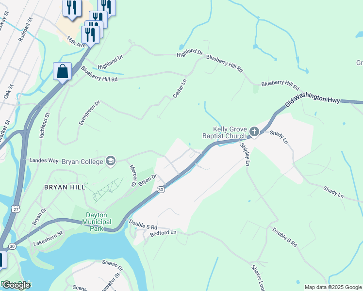 map of restaurants, bars, coffee shops, grocery stores, and more near 195 Deer Ridge Drive in Dayton