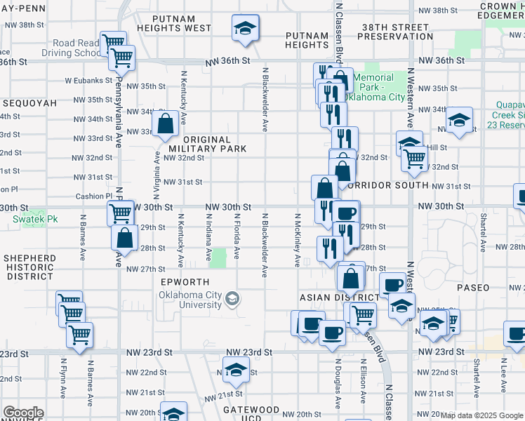 map of restaurants, bars, coffee shops, grocery stores, and more near 1600 Northwest 30th Street in Oklahoma City