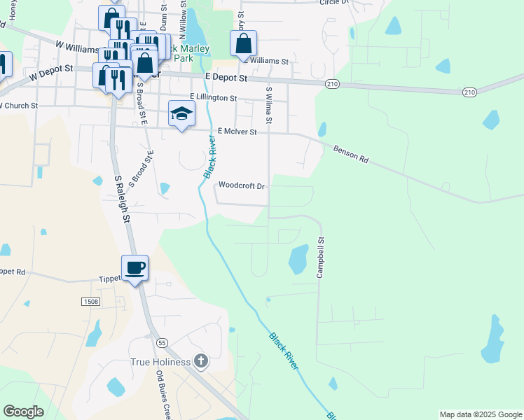 map of restaurants, bars, coffee shops, grocery stores, and more near 452 South Wilma Street in Angier