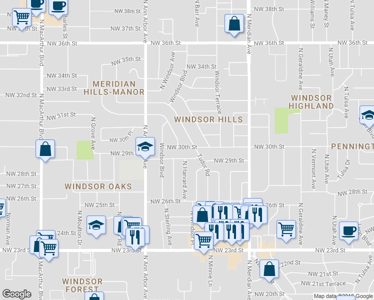 map of restaurants, bars, coffee shops, grocery stores, and more near 4708 Northwest 30th Street in Oklahoma City