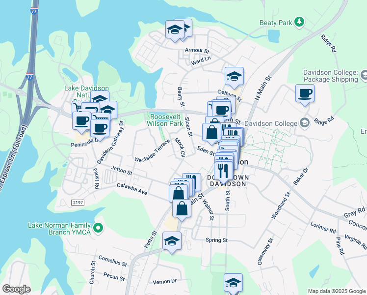 map of restaurants, bars, coffee shops, grocery stores, and more near 124 Mock Circle in Davidson