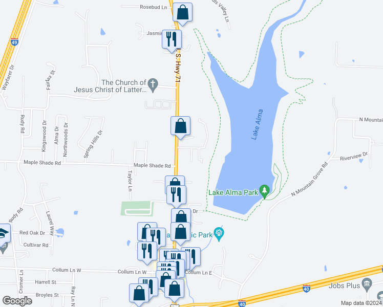 map of restaurants, bars, coffee shops, grocery stores, and more near 1224 Maple Shade Road in Alma
