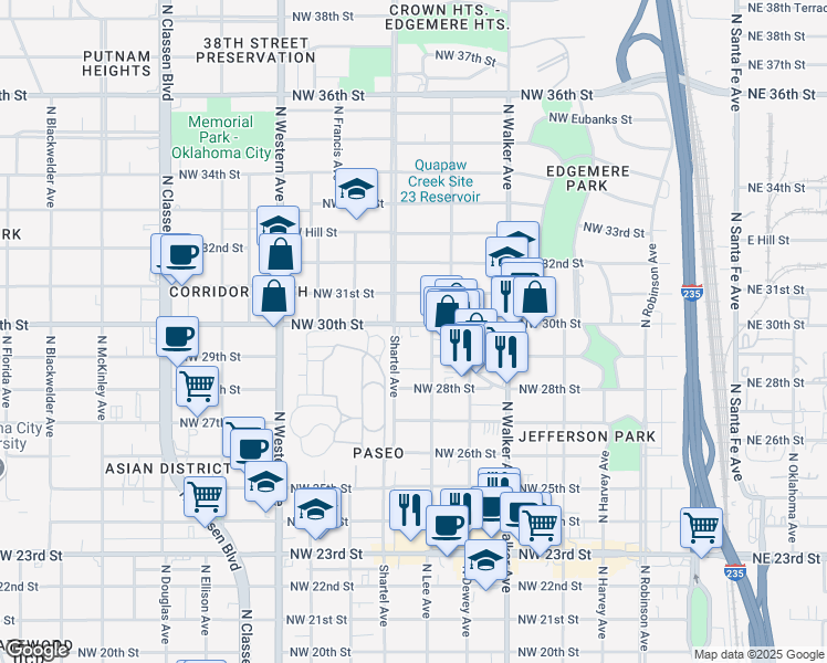map of restaurants, bars, coffee shops, grocery stores, and more near 619 Northwest 30th Street in Oklahoma City