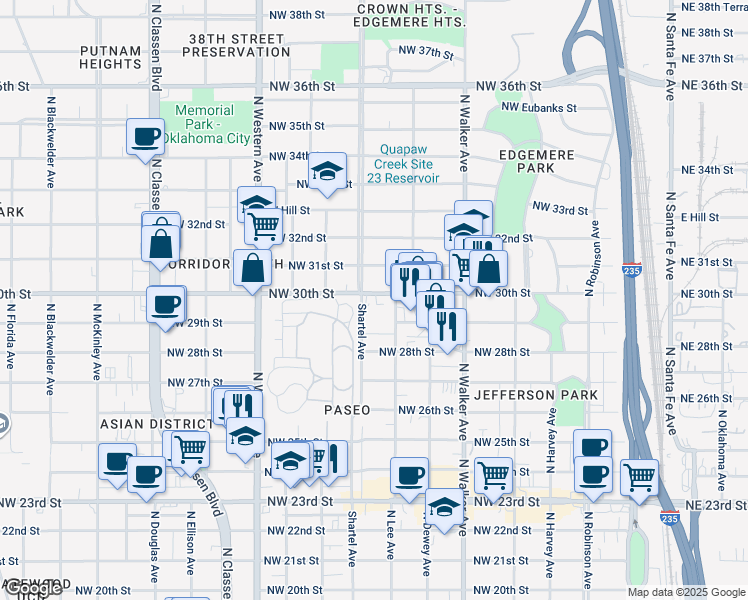 map of restaurants, bars, coffee shops, grocery stores, and more near 3101 North Shartel Avenue in Oklahoma City