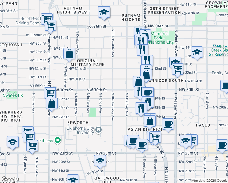 map of restaurants, bars, coffee shops, grocery stores, and more near 1600 Northwest 30th Street in Oklahoma City