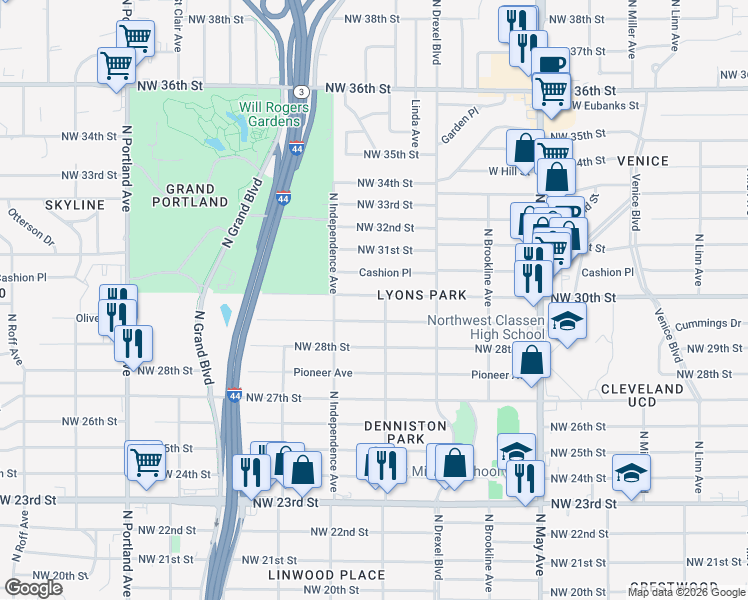 map of restaurants, bars, coffee shops, grocery stores, and more near 3232 Northwest 30th Street in Oklahoma City