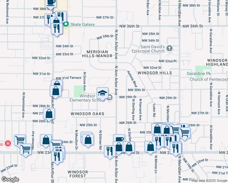 map of restaurants, bars, coffee shops, grocery stores, and more near 4913 Northwest 29th Street in Oklahoma City