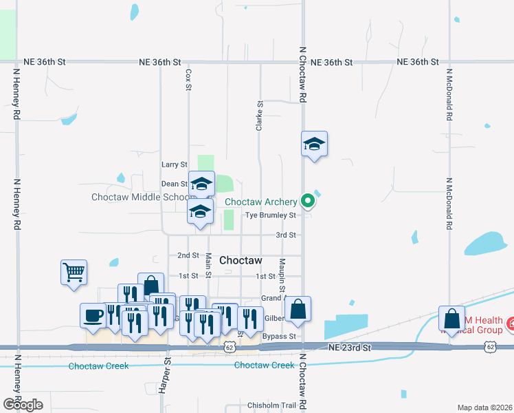 map of restaurants, bars, coffee shops, grocery stores, and more near 3052 Clarke Street in Choctaw