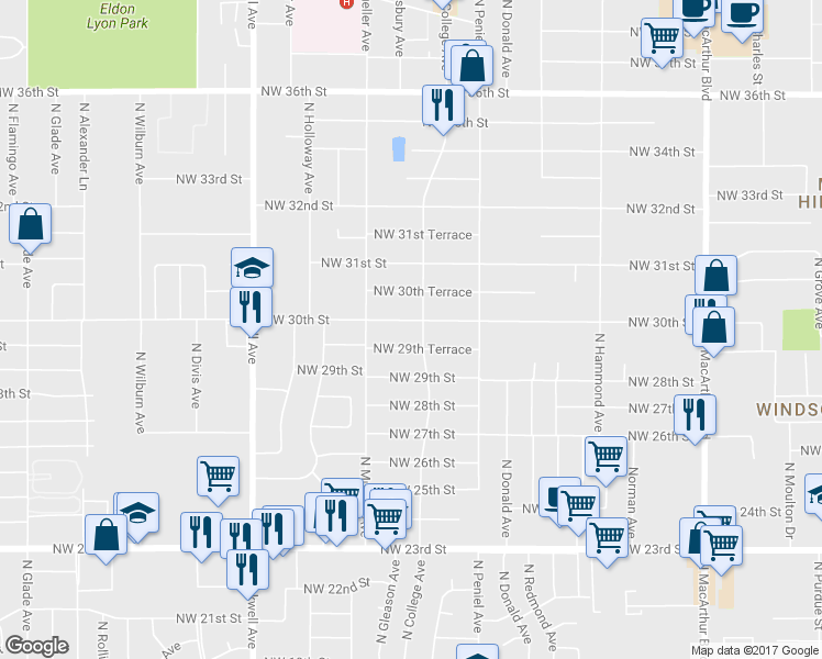 map of restaurants, bars, coffee shops, grocery stores, and more near 6704 NW 30th St in Bethany