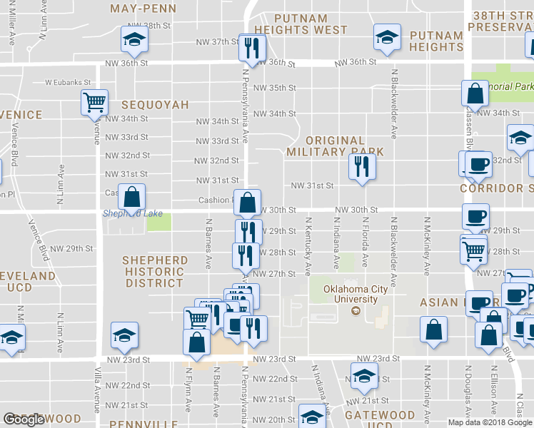 map of restaurants, bars, coffee shops, grocery stores, and more near 2016 Northwest 30th Street in Oklahoma City