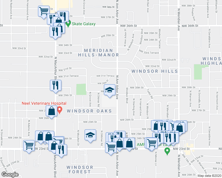 map of restaurants, bars, coffee shops, grocery stores, and more near 4913 Northwest 29th Street in Oklahoma City