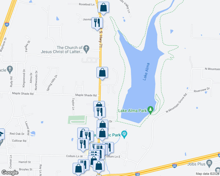 map of restaurants, bars, coffee shops, grocery stores, and more near 1224 Maple Shade Road in Alma