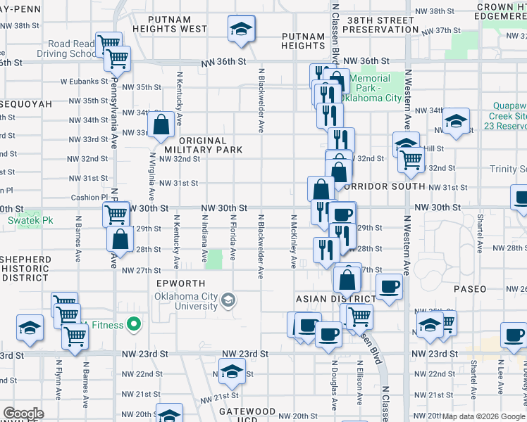 map of restaurants, bars, coffee shops, grocery stores, and more near 1600 Northwest 30th Street in Oklahoma City