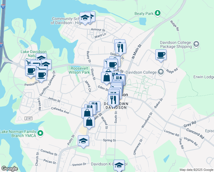 map of restaurants, bars, coffee shops, grocery stores, and more near 102 Eden Street in Davidson