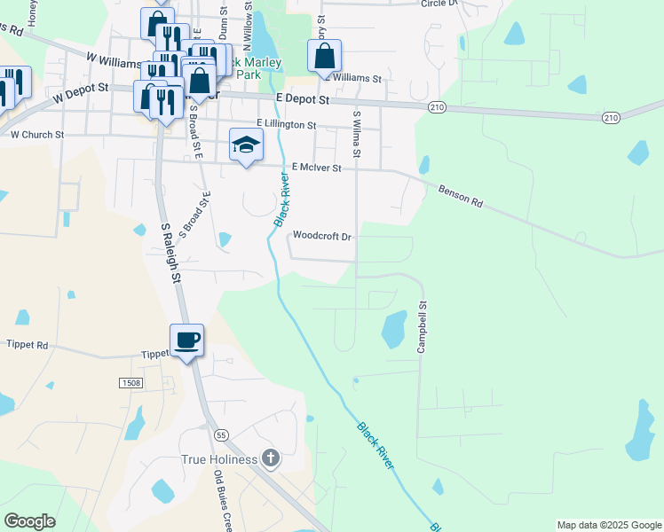 map of restaurants, bars, coffee shops, grocery stores, and more near 452 South Wilma Street in Angier