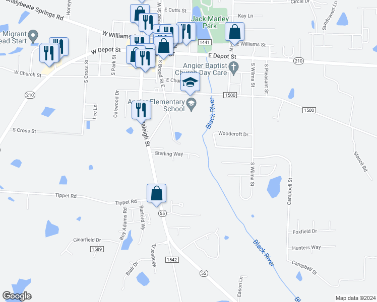 map of restaurants, bars, coffee shops, grocery stores, and more near 185 Sterling Way in Angier