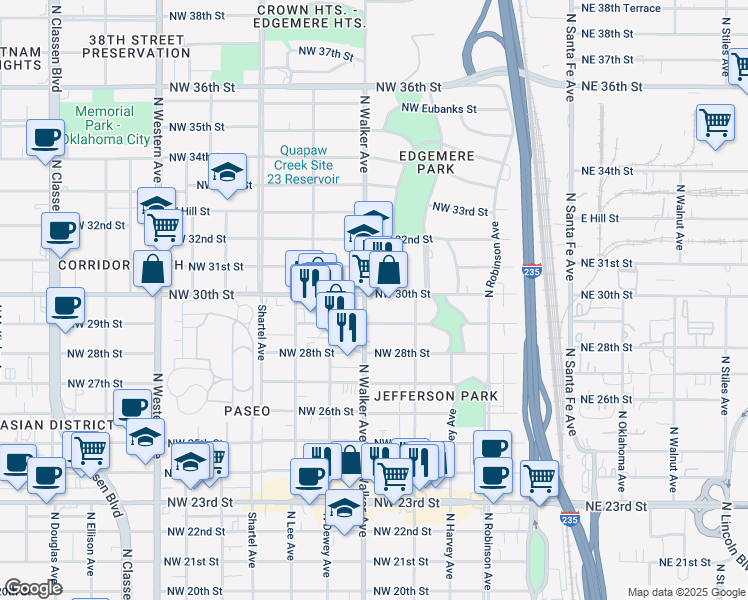 map of restaurants, bars, coffee shops, grocery stores, and more near 3020 North Walker Avenue in Oklahoma City