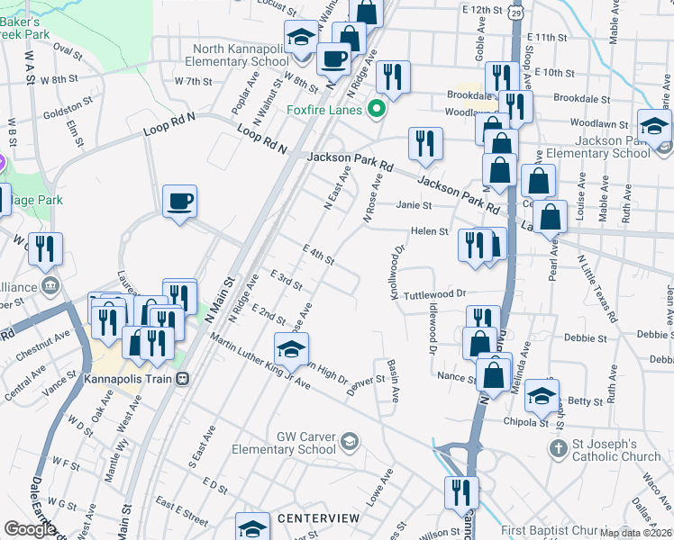 map of restaurants, bars, coffee shops, grocery stores, and more near 402 East 4th Street in Kannapolis