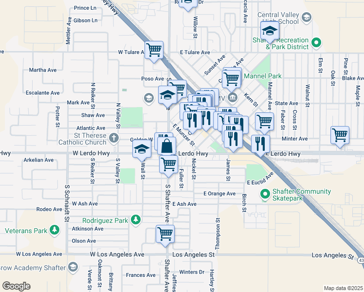 map of restaurants, bars, coffee shops, grocery stores, and more near 150 East Lerdo Highway in Shafter