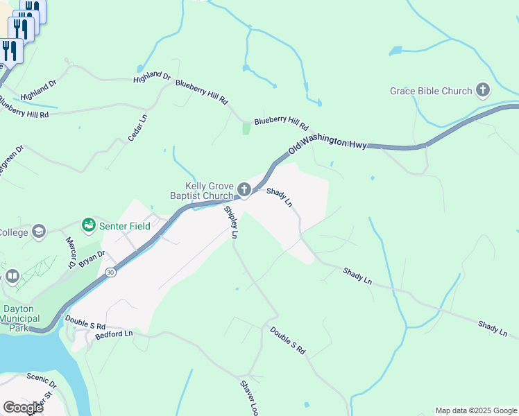 map of restaurants, bars, coffee shops, grocery stores, and more near 142 Shady Lane in Dayton