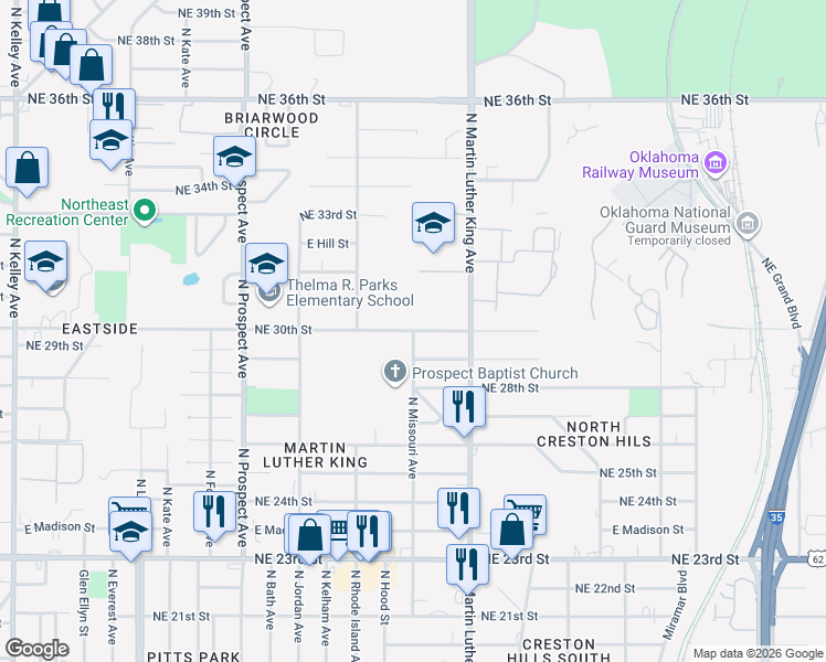 map of restaurants, bars, coffee shops, grocery stores, and more near North Missouri Avenue in Oklahoma City