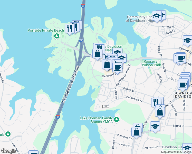 map of restaurants, bars, coffee shops, grocery stores, and more near 586 Davidson Gateway Drive in Davidson